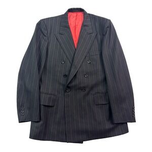 vtg 70s Johnny Carson 42R Black Stripe Double Breasted Blazer Jacket Sport Coat